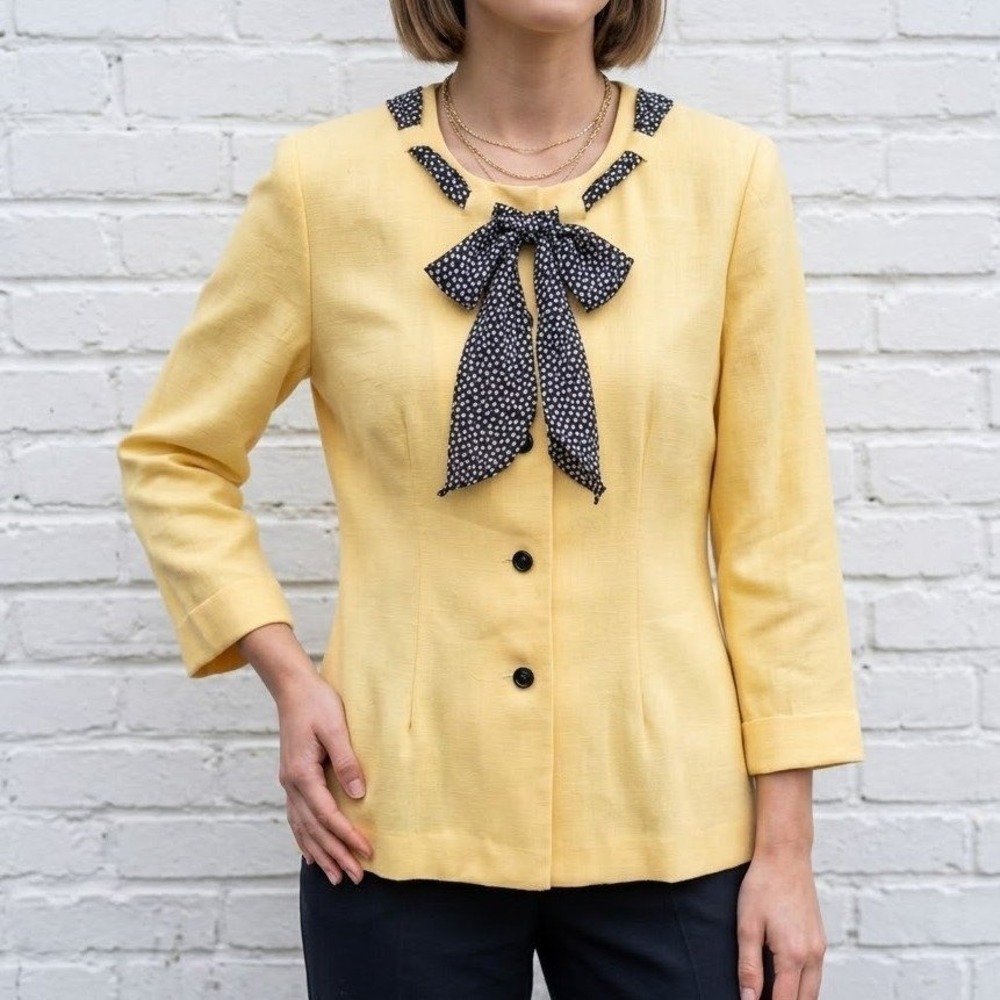 Vintage Button Up Blouse Size 12 Yellow Bow Collar Polka Dot 90s Career Feminine